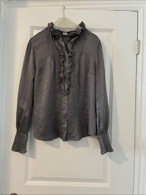 Nygard Collection Silk Blouse Ruffle Front Pleated Dressy Top Grey